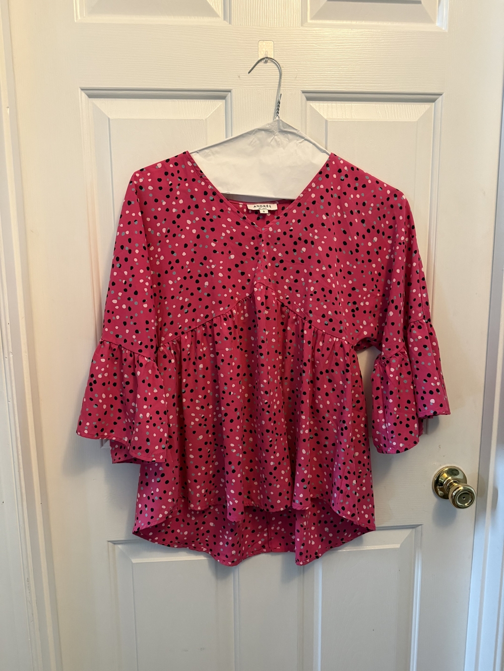 Andree Hot Pink Polka Dot Ruffle Sleeve Blouse